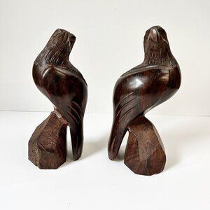 Vintage Ironwood Bald Eagle Pair Birds Pedestal Hand Carved 9" Sculpture Figures
